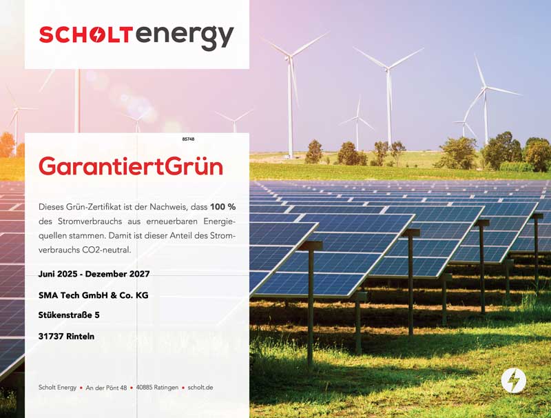 Certificate: The green certificate is proof that 100% of electricity consumption comes from renewable energy sources and is CO2-neutral.